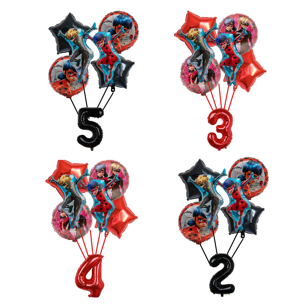 7pcs Ladybug Girl Theme Party Balloons Decors 32‘’ Number Black Cat Hero Baby Shower Birthday Party Decorations Supplies Globos