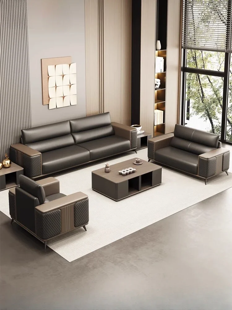 Office Sofa Coffee Table Combination, Leather Three-person Business Suit, Meeting Guests For Negotiation, Reception And Rest