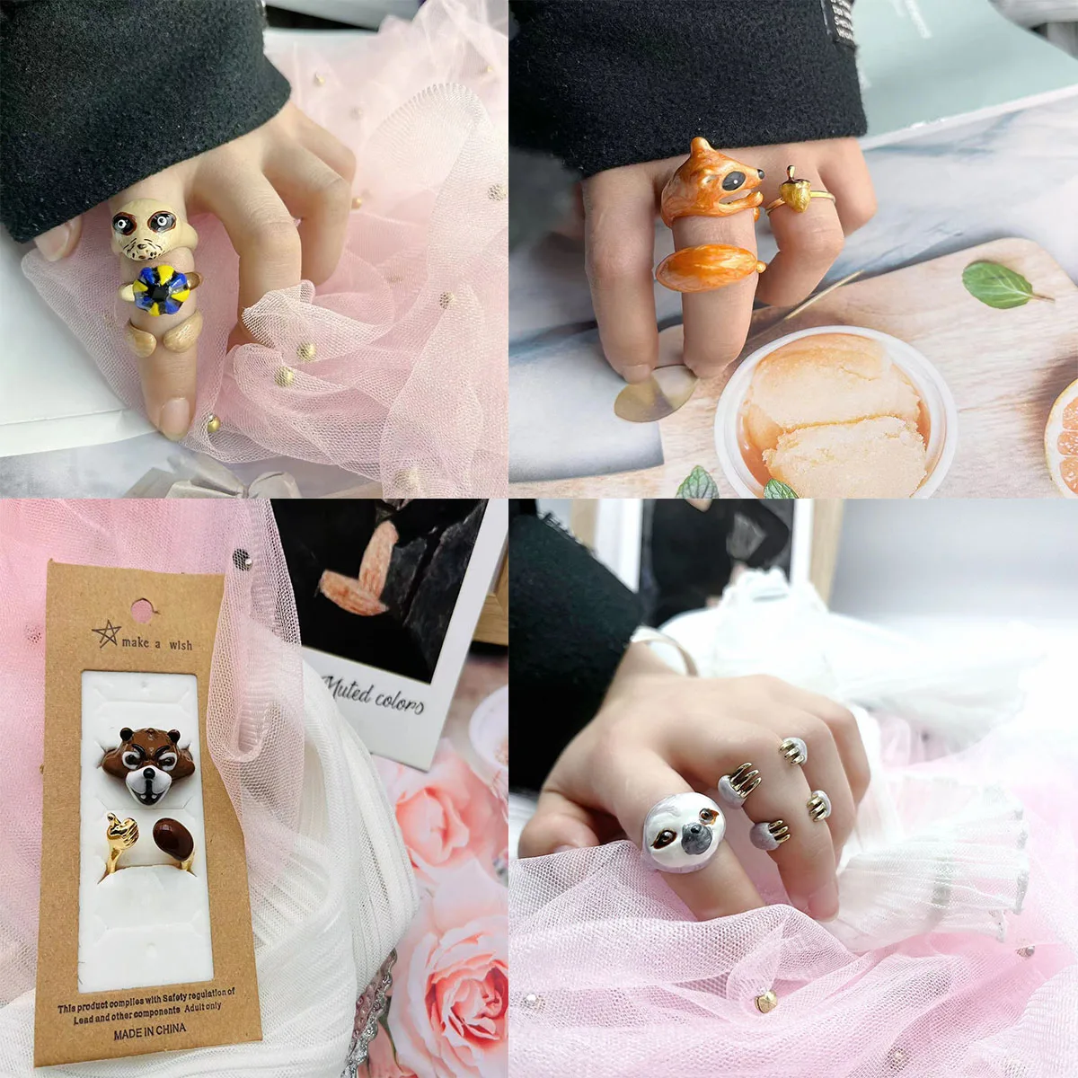 New 3pcs/set Funny Ring Polymer Clay Resin Rings for Girls Animal Jewelry for Women Summer Fashion Travel Jewelry Gifts