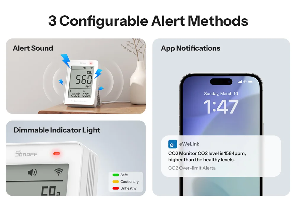SONOFF AirGuard CO2 Matter Over WiFi Luftqualitätsmonitor SAWF-08P Temperatur-Feuchtigkeitsmesser Ton- und Lichtalarm Historische Daten – Detail 11