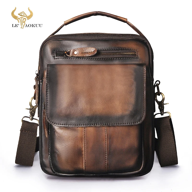 

Real Genuine Leather Male Coffee Design Satchel Cross-body Messenger Strap Bag 10" College School Tote Tablet Bag For Men 5008