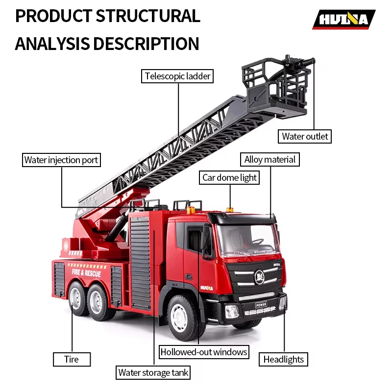 Huina 1361 1:18 caminhão de bombeiros com controle remoto 9ch simulação de liga brinquedo elétrico rc com função de spray de água para adultos/crianças