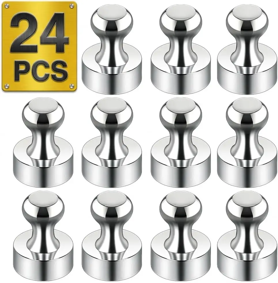 

24 Pack Strong Magnetic Push Pins, Silver Refrigerator Magnets for Whiteboard, Kitchen, Office & Classroom