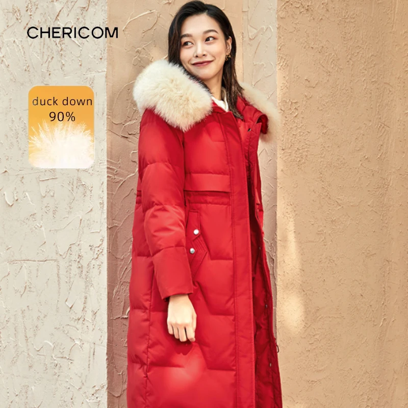 

Chericom Women's Mid-Length Down Jacket New Large Fox Fur Hooded High-quality Duck Down Filling Windproof Padded Coats Y279221Y