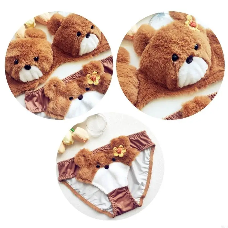 Dámské krásné plyšové spodní prádlo s podprsenkou a kalhotkami, zábavné medvědí podprsenky a kalhotky, kreslené plyšové spodní prádlo, měkké studentské dívčí spodní prádlo - náhled 3