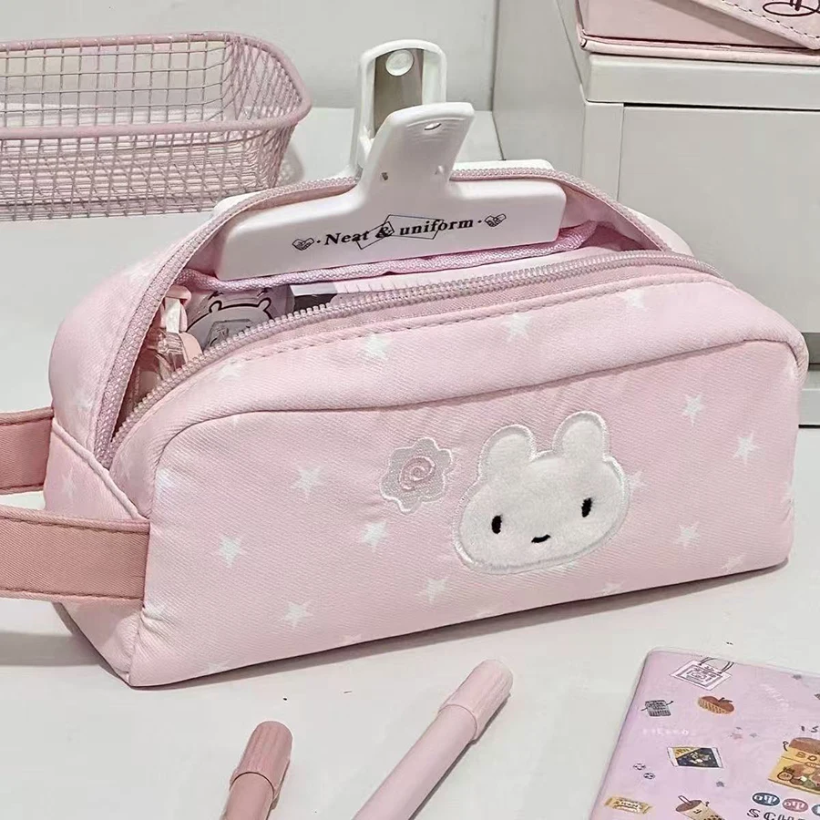 Multifunctional Pink Pen Bag Star Rabbit Pattern Handheld Pencil Case Zipper Design Large Capacity Stationery Organizer Students image 3