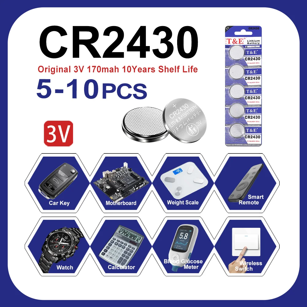 5-10PCS CR2430 3V Lithium Battery CR 2430 DL2430 BR2430 170mAh Button Coin Battery for Key Fob Watch Alarm Clock Remote Control