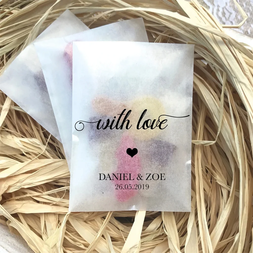 25pcs Eco-friendly glassine wedding favour sweet bags with love - Different sizes available - pic n mix candy or sweet bags biod