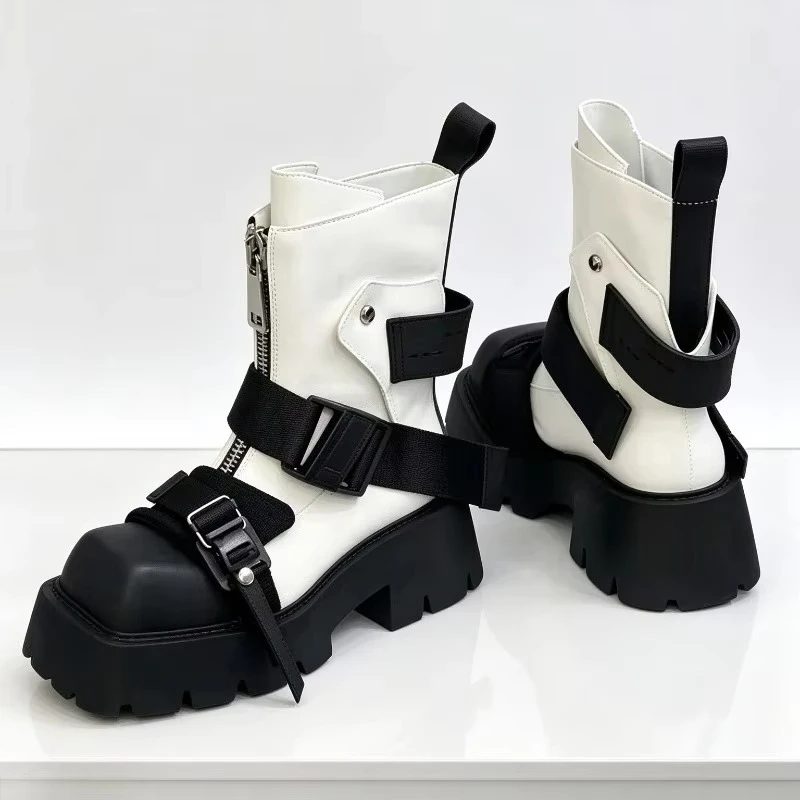 Fashion Zip Belt Buckle Strap Design Platform Boots Women Unique Color Blocking Ankle Boots Punk Style Leather Motorcycle Boots