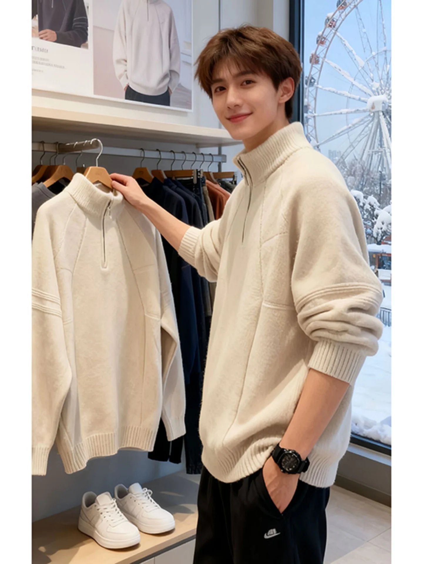

Korean Sle f Zipper Stand Collar Sweater Men's Winter Casual High-End Laid-ba Inner Wear Knitted irt Hoodie