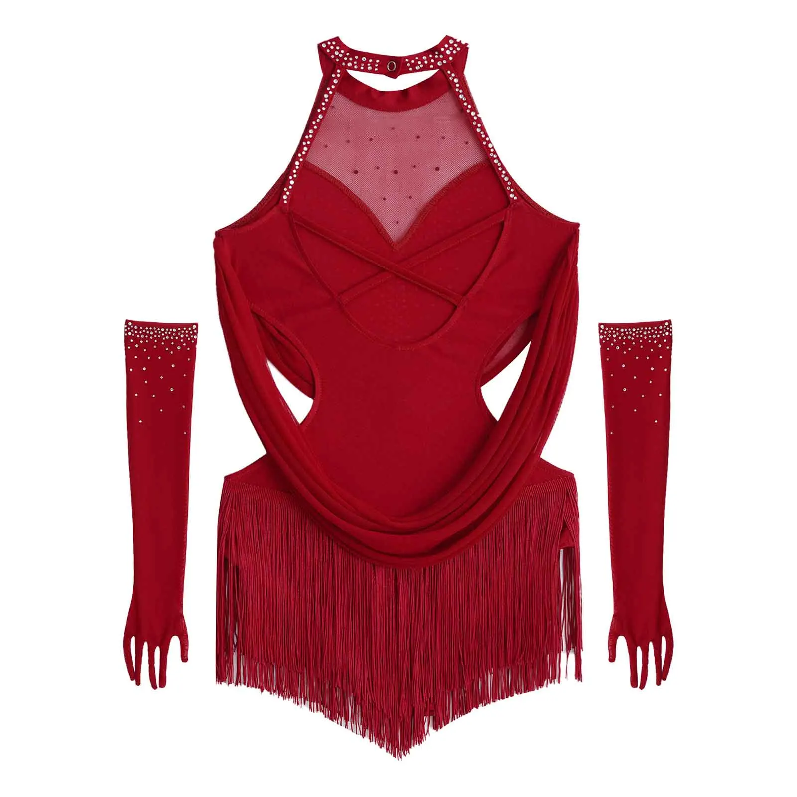 Girls Latin Dance Costume Ruched Mesh Drapes Cutout Tassel Glittery Rhinestones Leotard with 1 Pair Mesh Gloves Latin Dancewear
