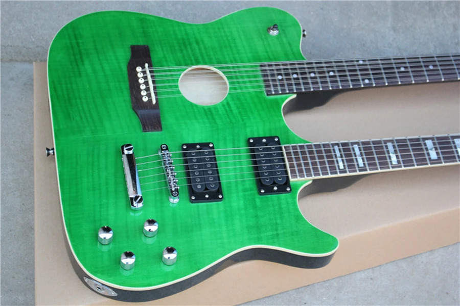 Double Neck 12+6 String Green Body Electric Guitar with Flame Maple Veneer,Offer Customize