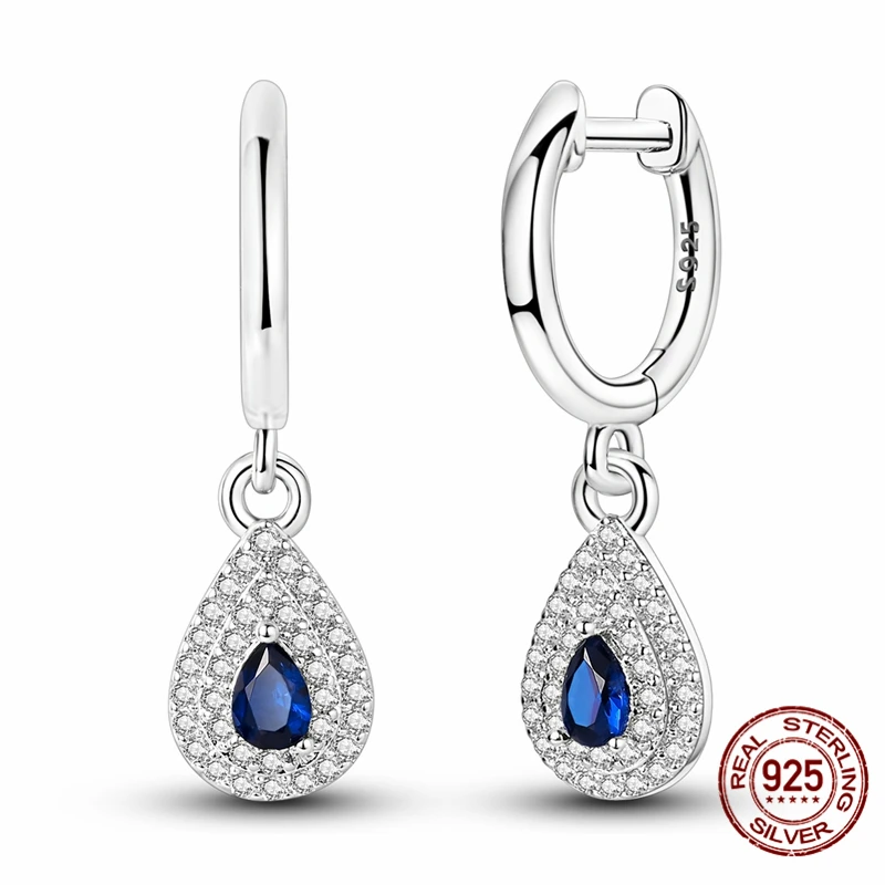 

Hot Selling 925 Sterling Silver Hoop Sparkling Waterdrop Sapphire Earrings for Women Pretty Wedding Holiday Jewelry Gifts
