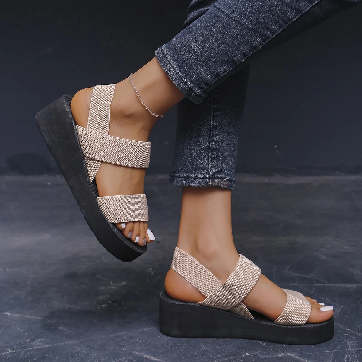 1pair Women's Minimalist Wedge Sandals Open Toe Thick Soled Platform Casual Sandals Ankle Strap Slingback Sandalias Solid Color image 5