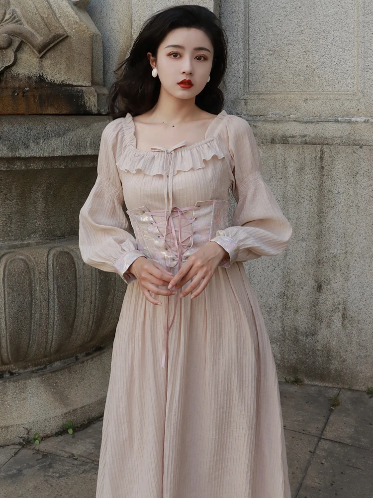 New Spring Ruffled Collar Off Shoulder Jacquard Ballet Dress Elegant Ladies Vintage Patchwork Long Sleeve Pink Women Vestidos