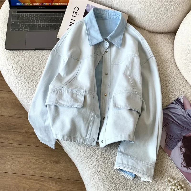 Lady Patchwork Lace Edged Denim Jacket Spring Autumn Female Fashion Long Sleeved Top Korean Women Lapel Casual Short Cowboy Coat
