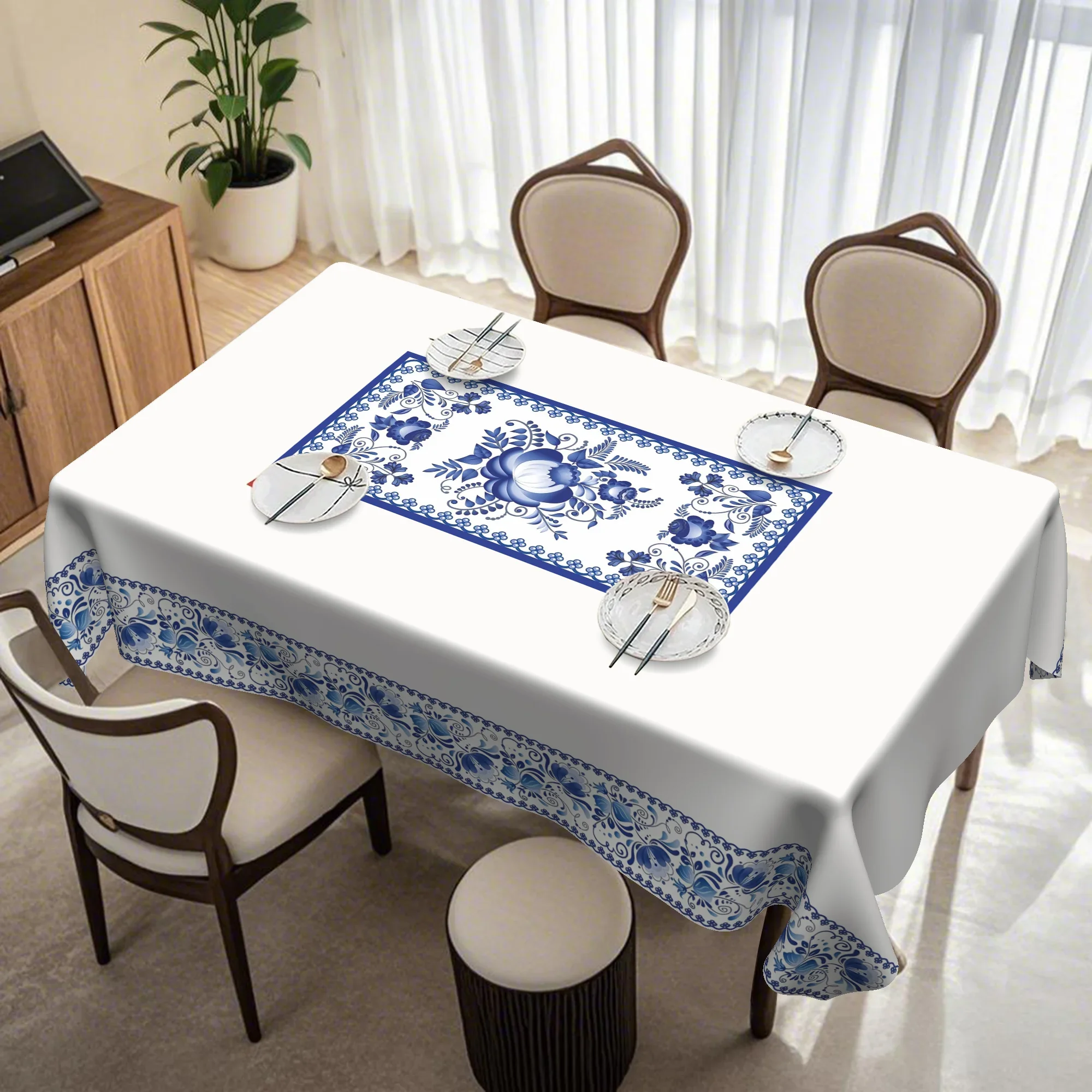 JIT 【1pc】 Russian Gzhel-style blue and white porcelain pattern printed tablecloth yzb
