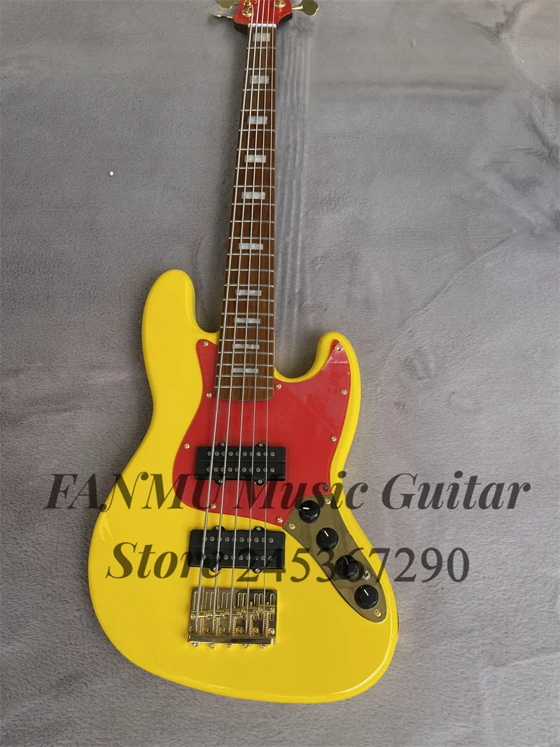 

Yellow bass 5-string electric bass guitar Basswood body toasted Maple Neck HH pickup Orange guard Gold Bridge active battery