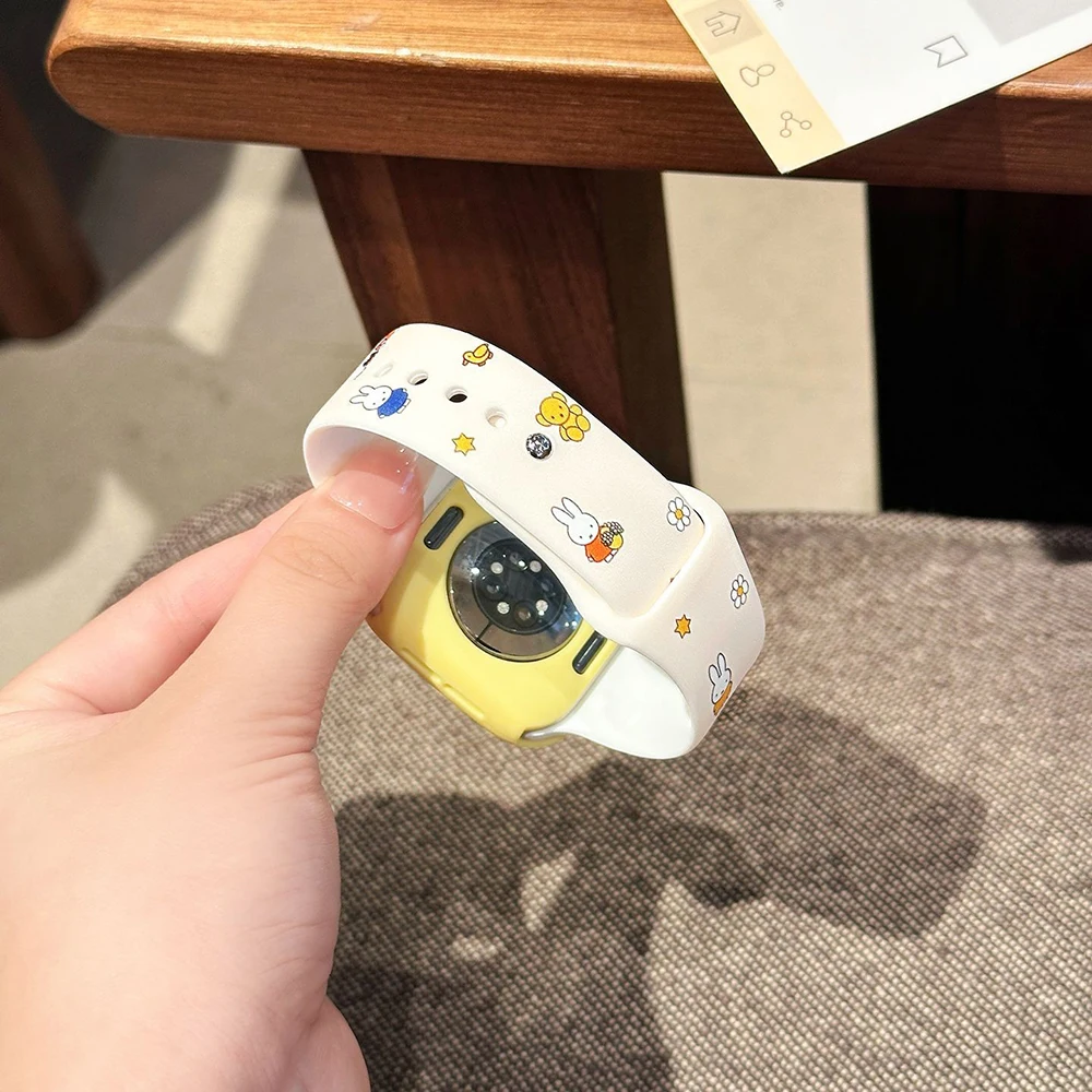 Kawaii Miffy Iwatch S1/2/3/4/5/6/7/8/9/10/SE/Ultra1/2 correa de reloj funda protectora bonita funda de correa de reloj regalo de silicona para niña