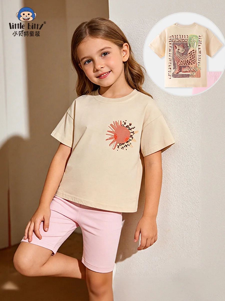 

Summer New3-8Girls' Two-Piece Outfit with Cartoon Animal Print and Round Neck Short Sleeve Top Young Children Baby T-shirt
