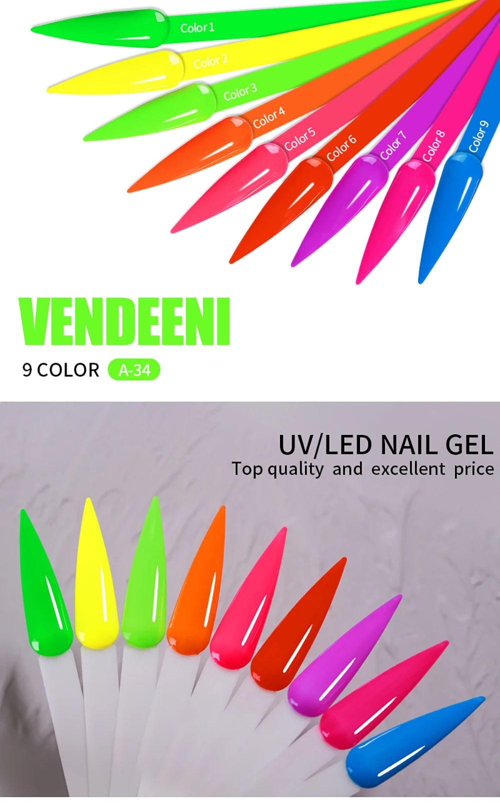 Vendeeni 9 Farben/Set Bunter Gel-Nagellack Semi-Permanenter UV-LED Soak-Off Gel-Lack Regenbogenfarben Gel-Lack für Nagelkunst – Detail 4