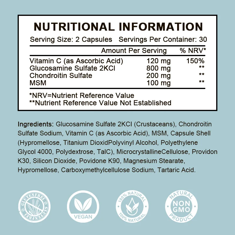 Kapsul Glucosamine Chondroitin untuk dukungan sendi & Kesehatan kompleks dengan tambahan OptiMSM & kolagen peptida untuk kulit rambut kuku