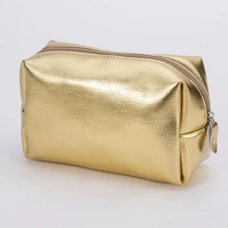 Makeup Bag Gold Champagne Zipper Storage Bag Travel Organizer Pouch New Metallic Color Soft PU Leather Waterproof Cosmetic Bag