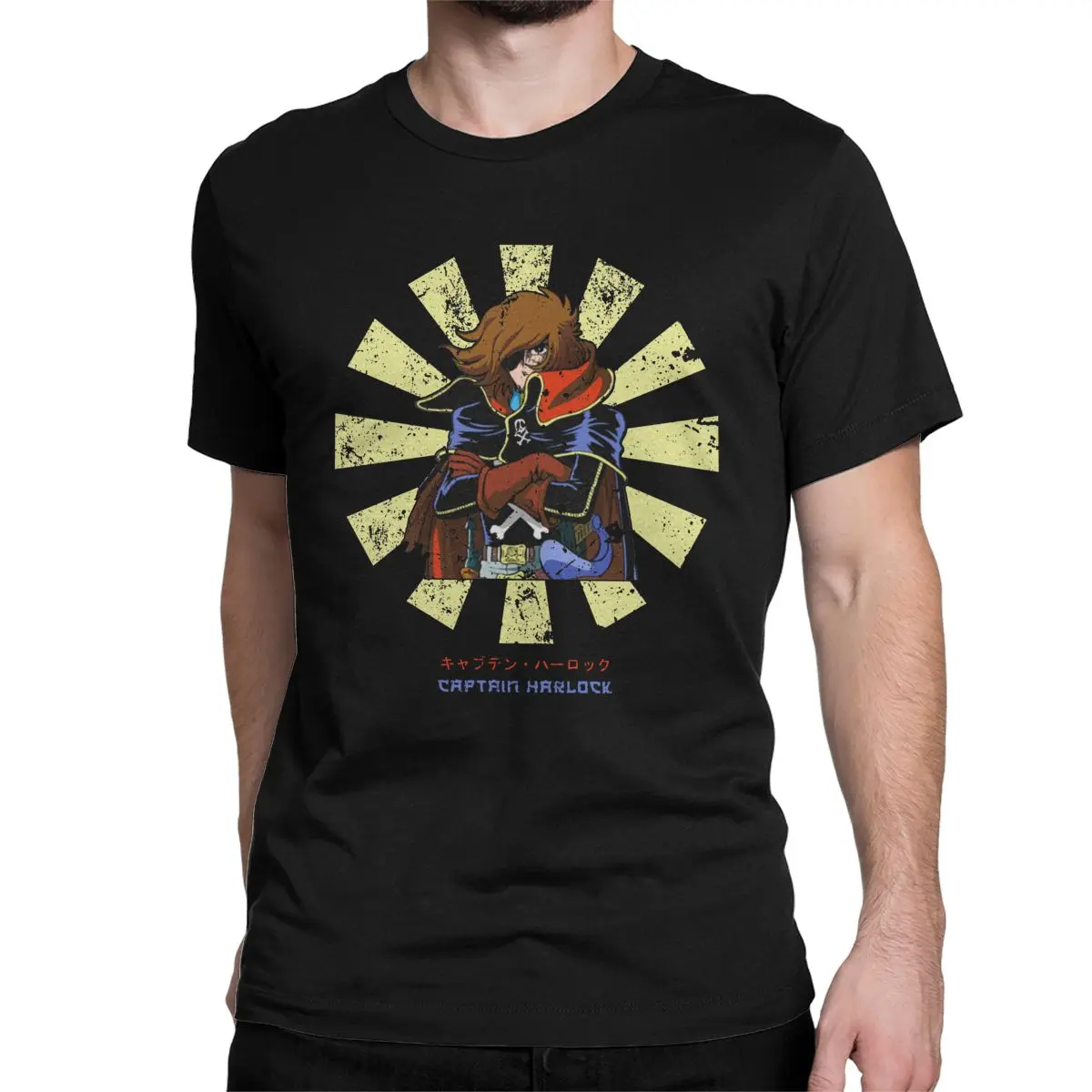 Funny Captain Harlock Retro Japanese T-Shirts Men Crew Neck Pure