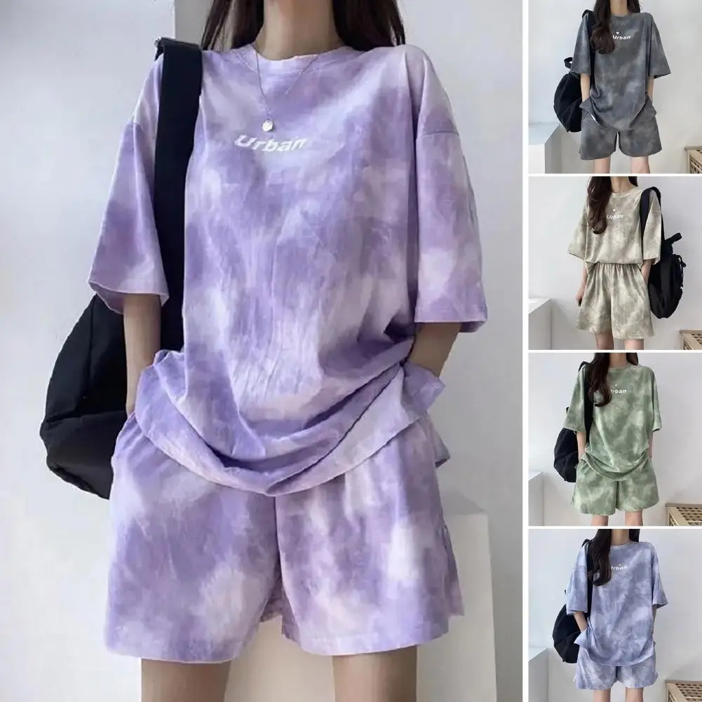 Casual Two-piece Suit Tie-dye Women's T-shirt Shorts Set with Elastic Waist Loose Fit Top Mini Shorts Plus Size Casual Sport