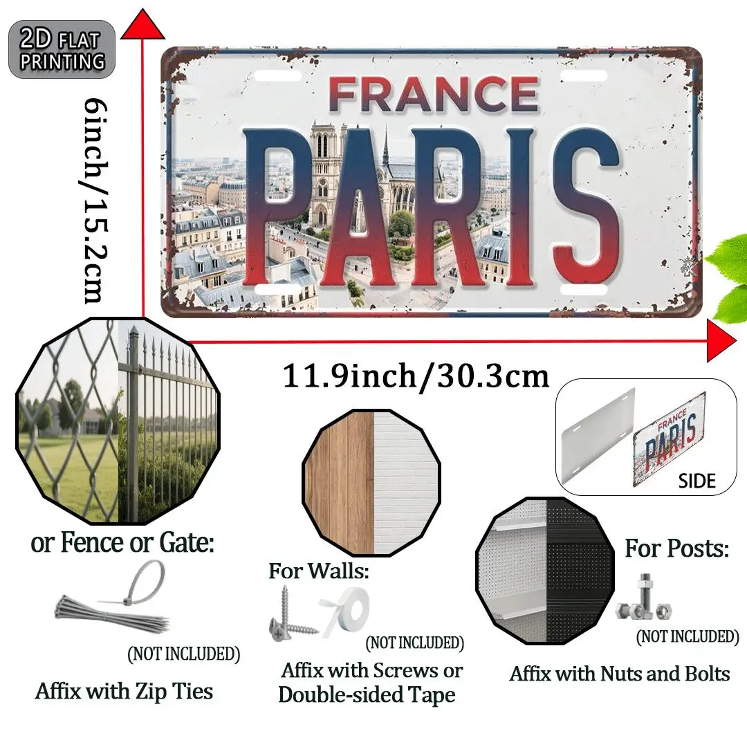 2D Flat Paris Vintage Aluminum License Plate 11.9x6.0inch, Rustic 2D Print Wall Decor, Travel Souvenir Anniversary Gift for Home