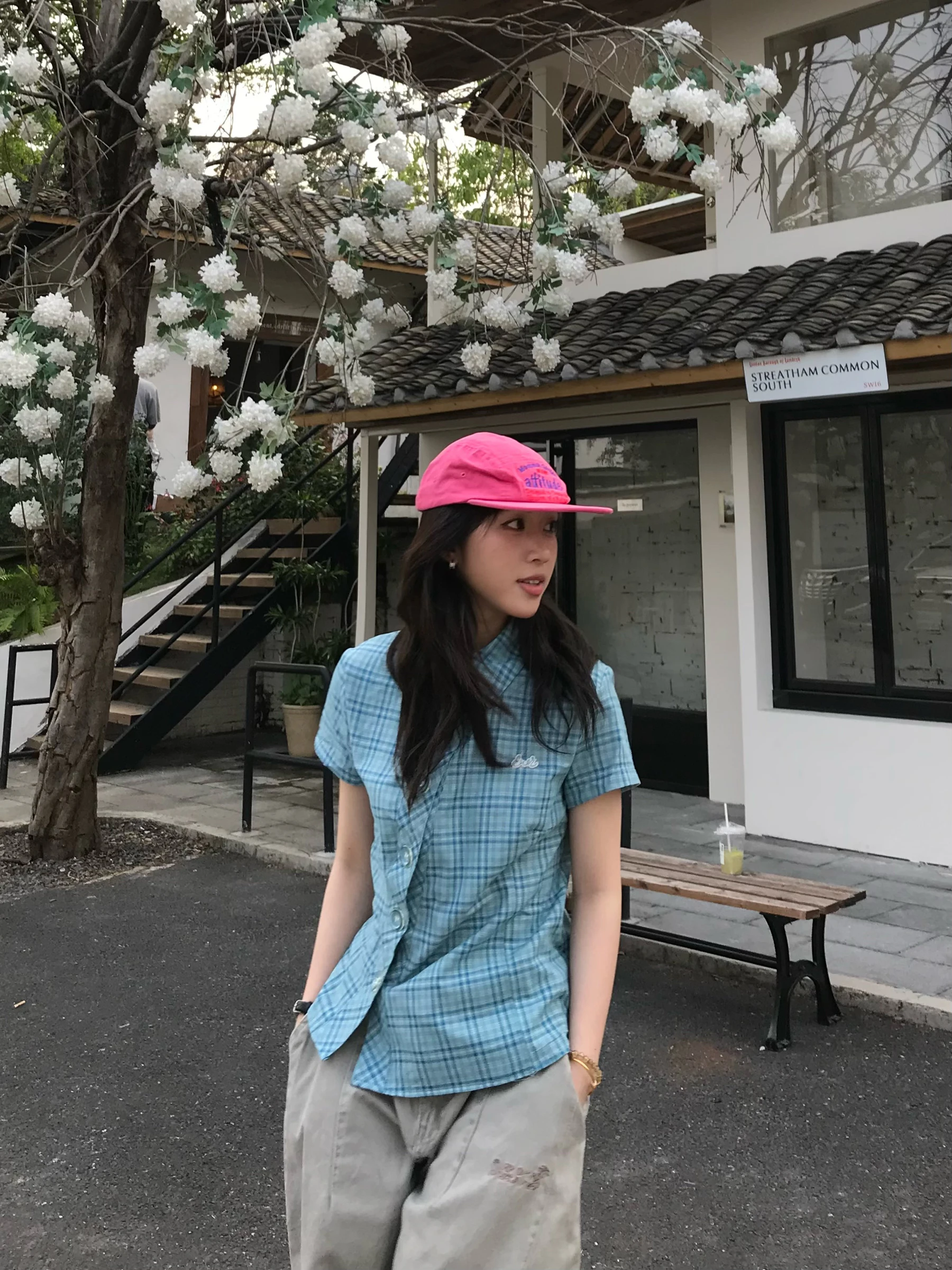 

Muziyang Blue Plaid Short Sleeve Shirt Women's Summer Korean Style Color Block Cotton Shirt Slim Fit Youthful Energy Cotton B...