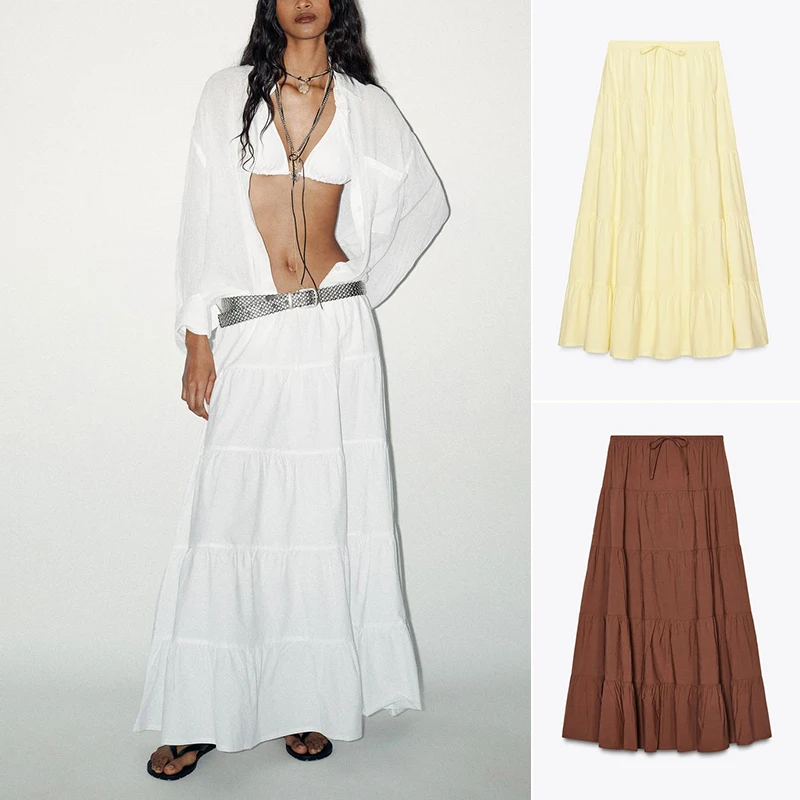 夏の新作レディースファッション　結び飾りレイヤードスプライシングミディ丈スカート　ハイウエストロング丈ドレープスカート