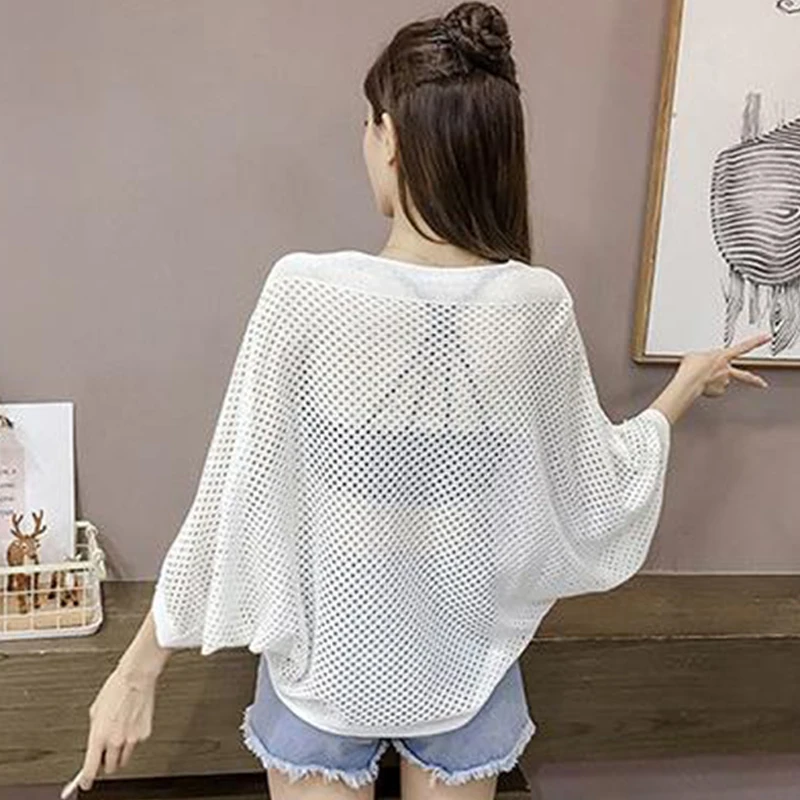 Summer Korean Solid Color V-neck Bat Sleeves Loose Casual Hollow Knitted Blouse For Women