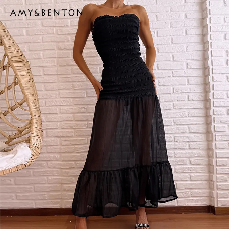 

2026 Spring New Women's Tube Top Dress Vintage Design Black Ruched Slimming Mesh splicing Ruffle Elegant Long Dresses Ladies