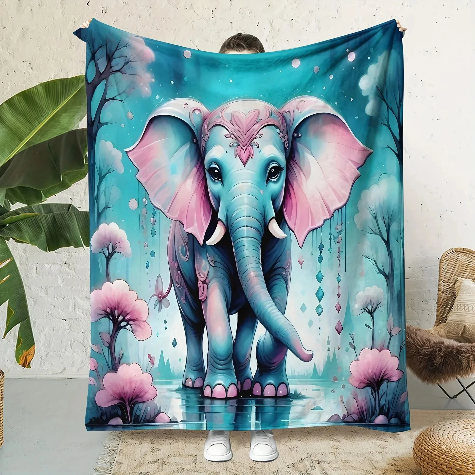 

Супермягкий полиэстеровый плед с тропическим принтом слонов - всесезонное стеганое вязаное одеяло с цифровым HD-изображением животных