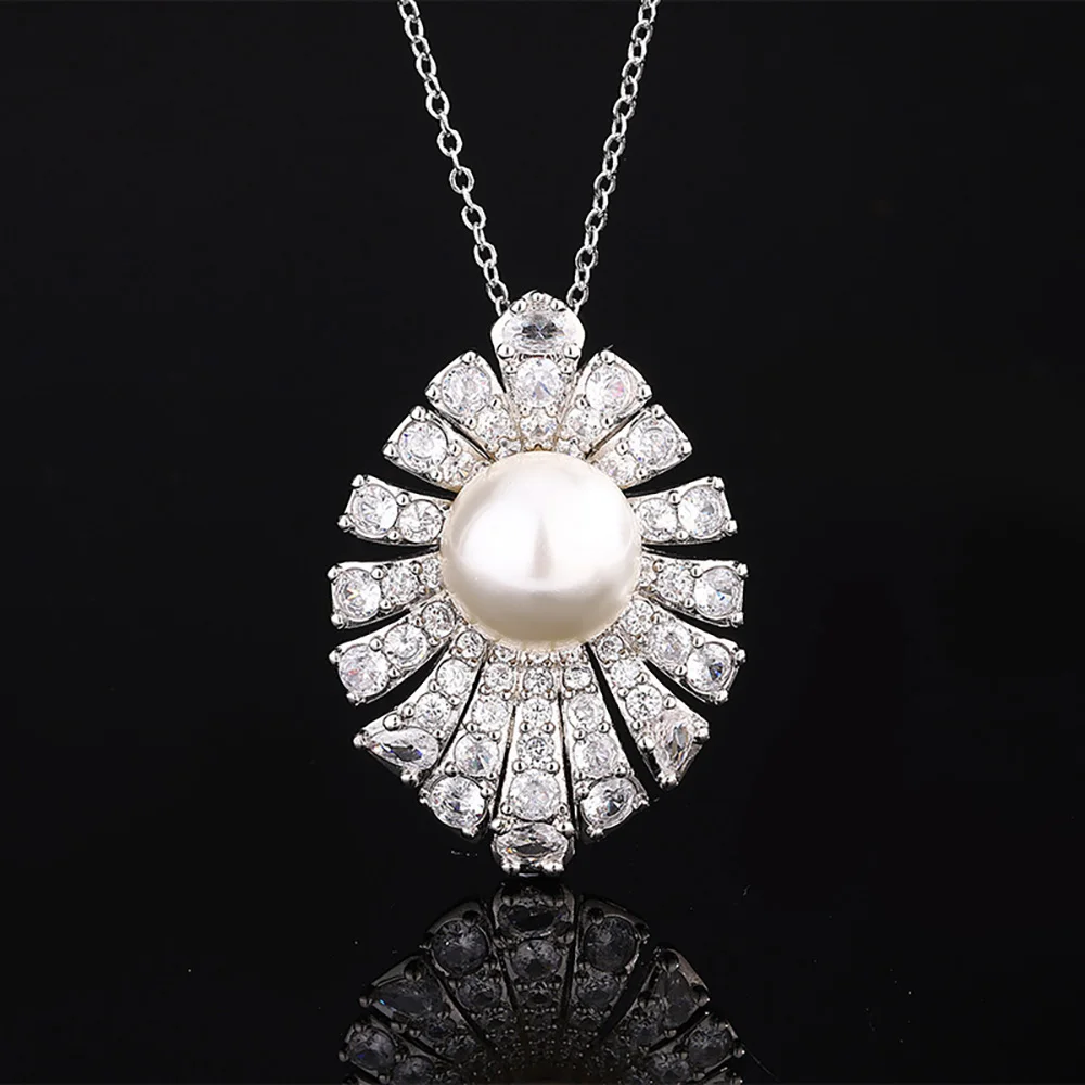 Luxury 12-14mm White Pearl Lab Diamond Pendant Necklace Ring Brooch for Women Wedding Party Fine Jewelry Sets Anniversary Gift