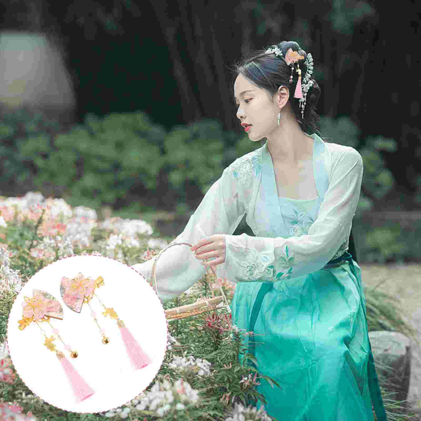 

2 Pcs and Fan Hair Clips Fan-shaped Hairpin Delicate Manual Wedding Japanese Tassel Alloy Pink