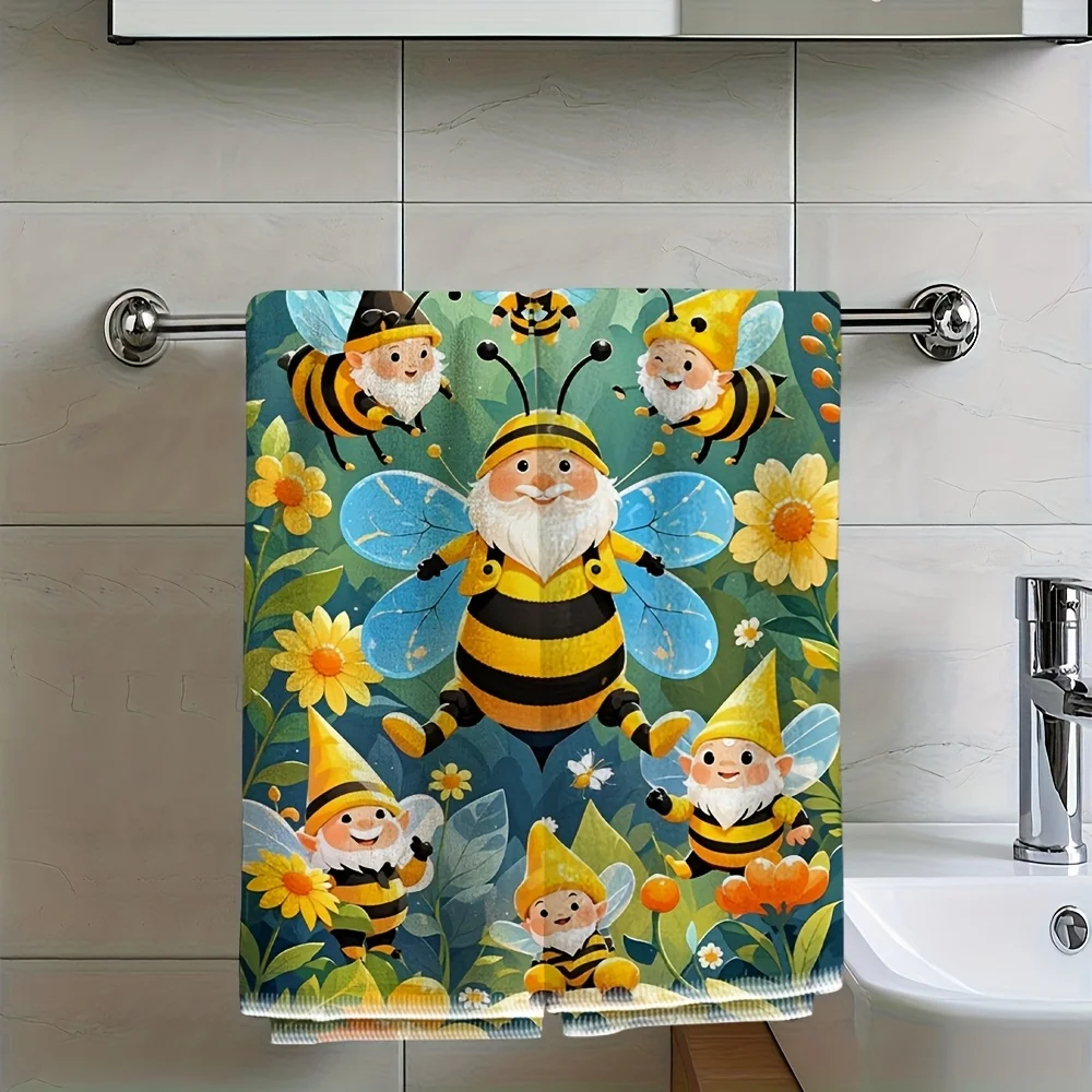 1pc Bee Gnome Garden Printed Kitchen Towel, Soft Absorbent Hand Towel,Perfect for Bathroom,Kitchen,Spring Decor,Gnome Lover Gift