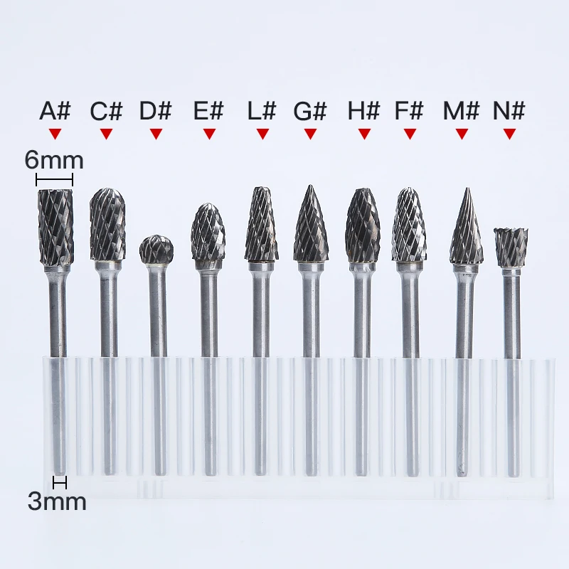 HUHAO 1/10pcsCarbide Rotary Burr Set 3MM Shank Double Cut Carving Burr Bits Die Grinder Drill Bit Metal Engraving Polishing Tool