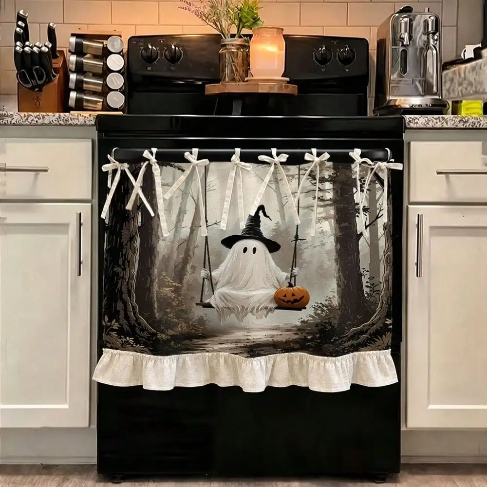 2D Ghost In Forest Pattern Multi-Functional Decorative Curtain, Suitable Kitchen Valance, Oven Cover, Washing, Dishwasher, Bathroom Window Treatment, And Kitchen, Halloween Kitchen Stove Protective Curtain SF260806180797282107137