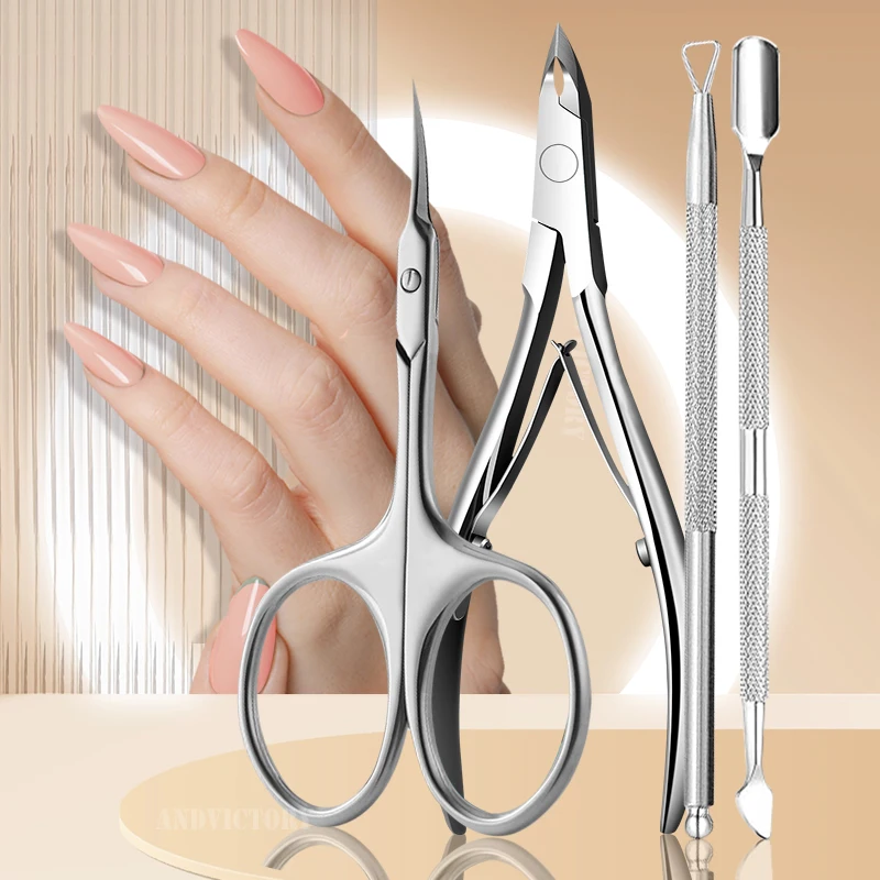 4Pcs/Set Nail Nippers Scissors Cuticle Trimmer Extremely Cuticle Pusher Stainless Steel Pedicure Manicure Fingernail Tools