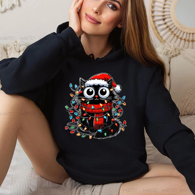 Funny Cartoon Christmas Cat Print Hoodies Street Sporty Women Sweatshirts Comfortable Crewneck Pullover Female Xmas Gifts Hooded