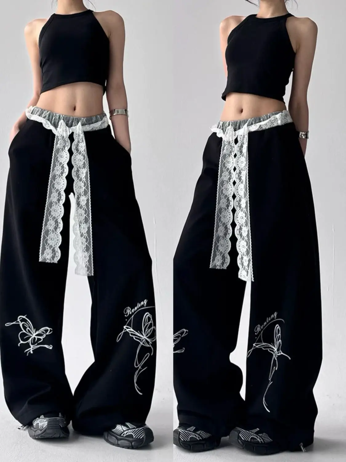 

American hip hop vintage lace casual trousers lady jzza pure lust sweet babes hip hop hiphop wide leg trousers