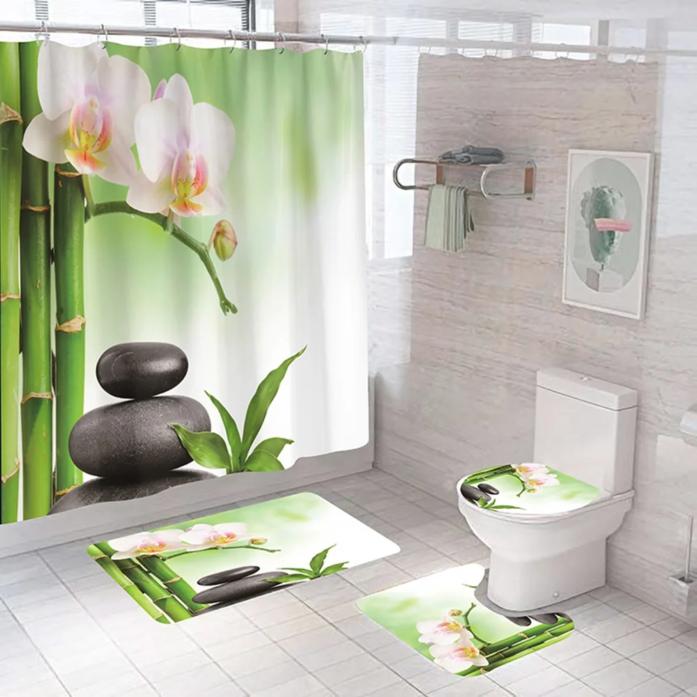 Zen Green Bamboo Buddha Shower Curtain Set Non-Slip Rug Toilet Lid Cover Bath Mat Stone Flowers Garden Scenery Bathroom Curtains