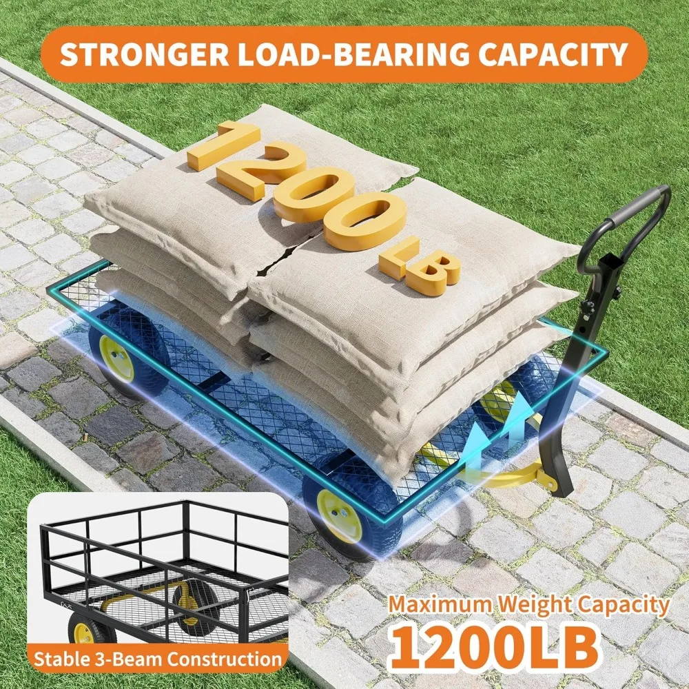 Heavy-Duty 3-in-1 Steel Garden Cart with 1200 lbs Capacity, All-Terrain Tires, and Removable Mesh Side Panels for Versatile Outd