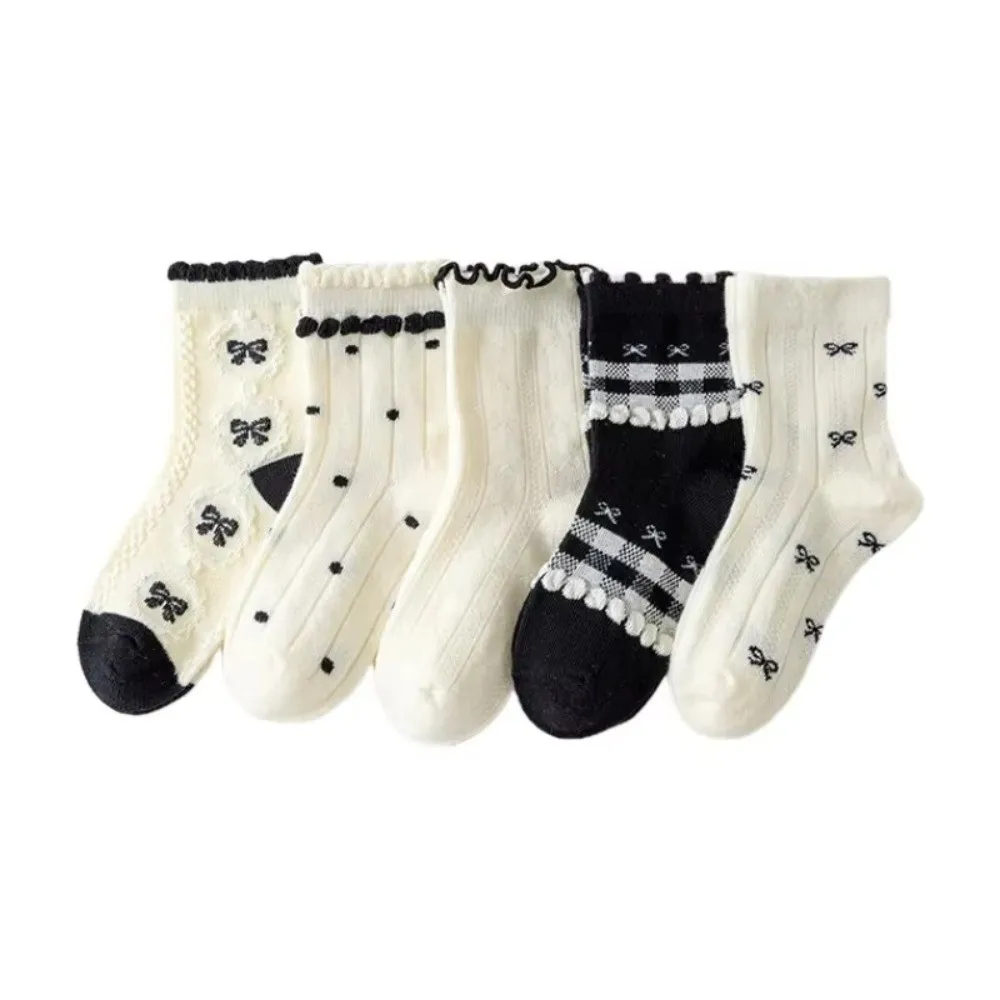 5Pairs 5 Pairs Set Cotton Crew Socks Cotton Material Plaid Pattern Frilly Bow Socks Sweet Bow Design Polka Dot Print