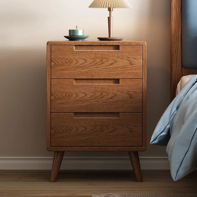 

All solid wood three-draw bedside table Modern simple oak log storage cabinet Nordic bedroom locker chest cabinet complete