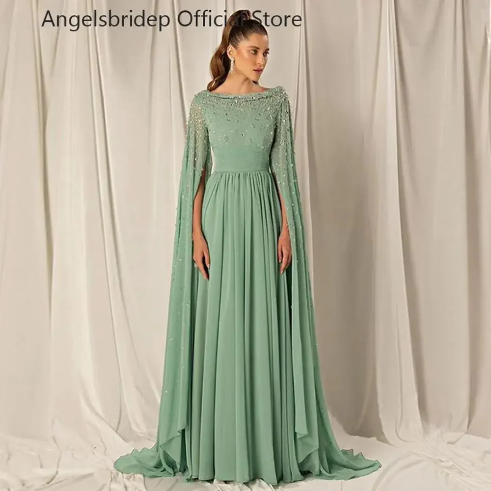 

Cap Sleeves A-line Mint Green Evening Dresses Chiffon Crystals Robe De Soirée Formal Party Prom Gowns for Women