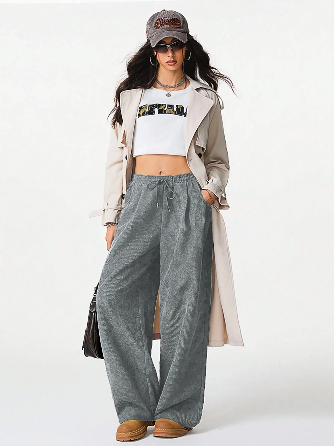 Damen Retro Cord Cargo-Hose Lässige Kordelzug Gerade Sporthose Fließende Alltags-Pendlerhose mit Weitem Bein – Detail 30