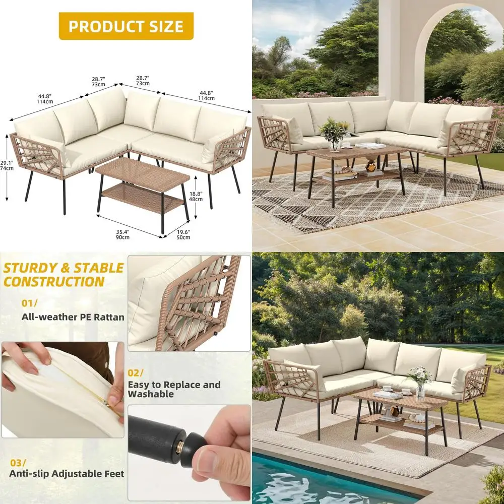 

Комплект садовой мебели из 4 предметов: уличный плетеный L-образный диван-секционный диван с 2-уровневым кофейным столиком и толстыми подушками